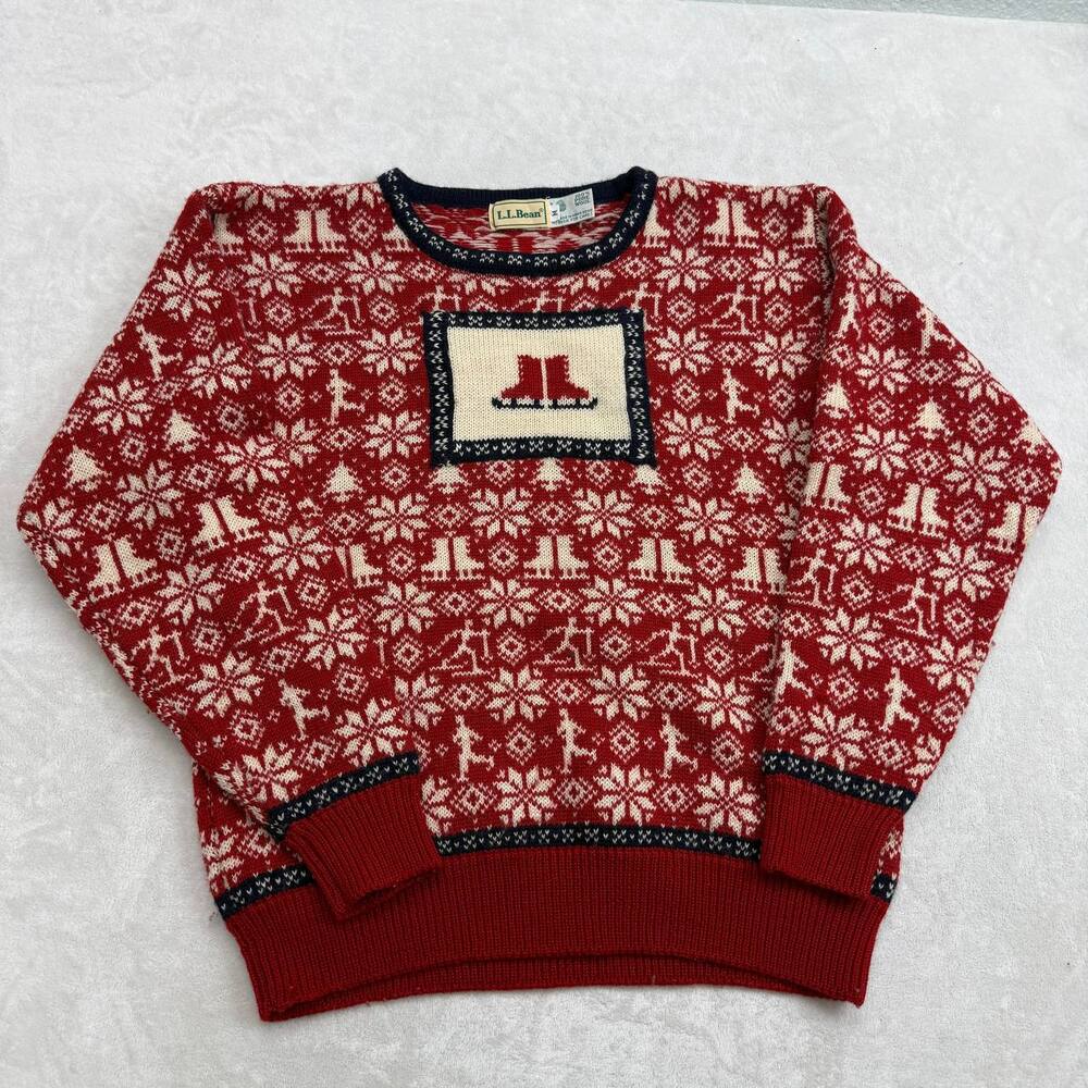 L.L. Bean Women's Red Pure Wool Fair Isle Christmas Sweater Size M Vintage Skier